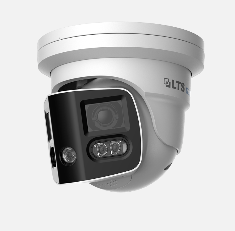 A white LTS security camera with a dome-shaped base and a rectangular black front panel featuring multiple lenses and sensors, ideal for any security catalog, mounted on a plain light background.