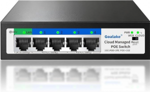 A Goalake 4 port PoE switch with five Ethernet ports, indicator lights, and clearly labeled connections for LAN, power, and cloud management on the front panel. Perfect as a cloud-managed network switch for efficient setups.
