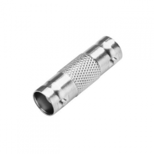 A close-up of a metal BNC female-to-female coaxial connector with a knurled grip, shown on a white background.