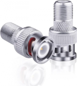Two silver coaxial cable adapters are shown, one standing upright and the other lying horizontally. Both have threaded ends and knurled grips, with metallic finishes and some inner red accents.