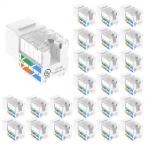 A group of 20 white Ethernet Keystone jacks is displayed, each with color-coded wiring labels (blue, orange, green, brown). One keystone jack is shown in close-up to highlight its details.