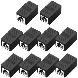 Ten black Ethernet coupler adapters are arranged in a grid pattern. Each rectangular coupler has an Ethernet port on both ends and is labeled CAT.6 Inline Coupler on the top surface.