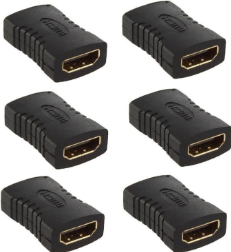 Six identical black HDMI couplers are arranged in two rows of three, each showing their metal connector ends.
