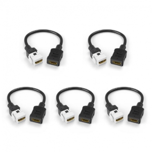Five short black HDMI extension cables with white wall plate connectors, each arranged separately on a white background.