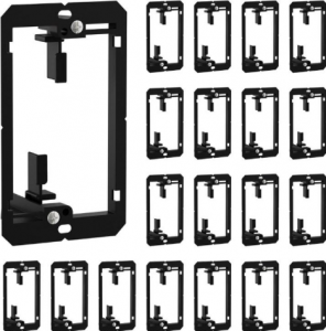 A set of eighteen black plastic wall plate mounting brackets arranged in a grid, with one bracket shown in a close-up view on the left, highlighting its details and mounting mechanism.