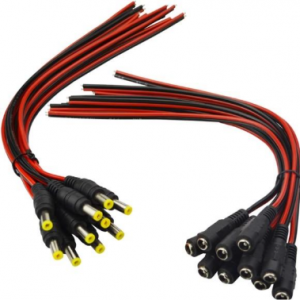 A bundle of red and black power cables with yellow-tipped DC barrel connectors on one end and female sockets on the other, arranged on a white background.