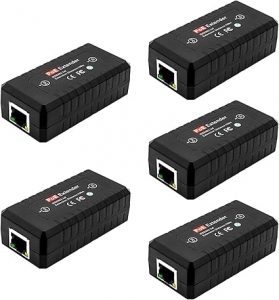 Five black rectangular Ethernet PoE (Power over Ethernet) injector adapters, some compatible with POE Extender setups, are arranged against a white background, each featuring an Ethernet port and labeled with specifications on top.