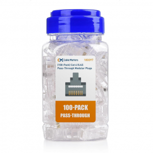 A clear plastic jar with a blue lid contains 100 RJ45 Cat 6 pass-through modular plugs. The front label reads 100-PACK PASS-THROUGH and shows an illustration of an RJ45 plug with wires.