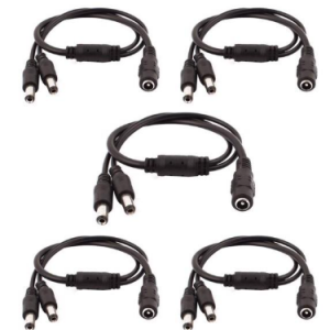 Five identical black DC power splitter cables with one female to two male connectors are arranged in rows on a plain white background.