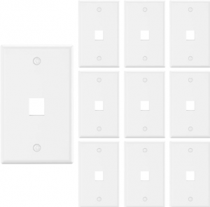 Ten white rectangular wall plates with a single rectangular cutout in the center of each, ideal for keystone inserts. Arranged in two columns, these plain plates feature two screw holes above and below the opening.