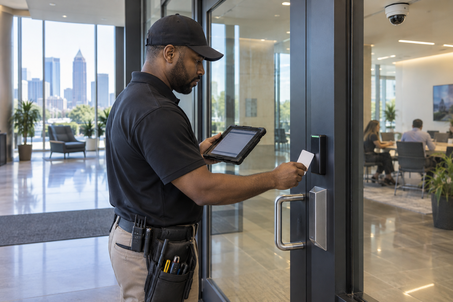 Commercial technician testing an access-control card reader at an Atlanta office