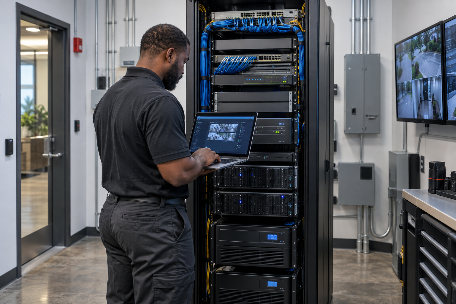 Technician checking commercial surveillance recording storage and network infrastructure
